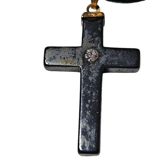Black Cross Pendant Cord Necklace Rhinestone Accent Religious Spiritual Jewelry - Picture 2 of 5